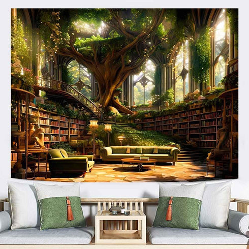 93x71inch Ine Ive Fantasy Trees Tapestry Vintage Library Wall Tapestries Fairytale Palace Bookshelf Sofa Reading Poster
