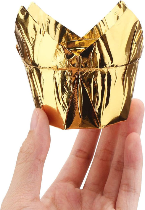 EUSOAR Disposable Baking Cups, 3.5 Ounce 50pcs Gold Tulip Cupcake Muffin Liners, Aluminum Foil Style Cups