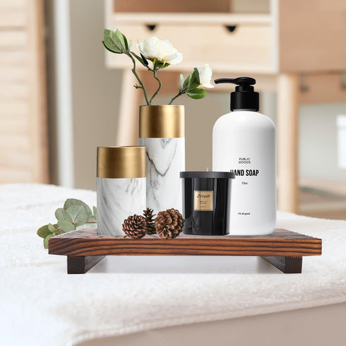 Renawe Farmhouse Bathroom Counter Tray Wood Display Pedesta Stand Kitchen Countertop Trays Decorative Wooden Riser Dish Soap Dispenser Holder for Bathroom Sink Accessories Kitchen Decor Vanity Tray by Renawe