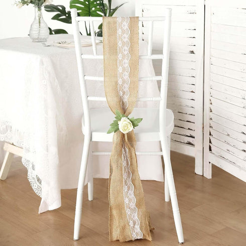 5"x108" Efavormart | Natural Burlap with Lace Chair Sashes Covers, Hessian Fabric Rustic Jute Chair Sashes Covers
