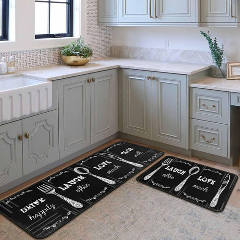Black Kitchen Rug Set 2 PCS | Non-Slip Waterproof Stain-Resistant Floor Mats