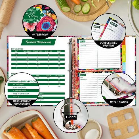 Recipe Binder Kit 9.5 inch x 11 inch with 50 Protectors, 100 Cards & 8 Dividers
