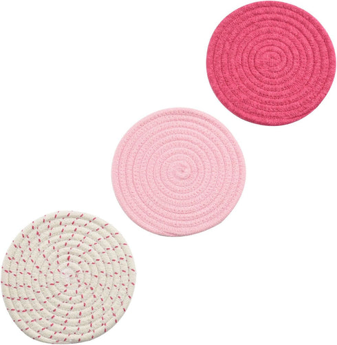 Kitchen Potholders Set, 100% Pure Cotton Thread Weave, Set of 3 Stylish Coasters, Hot Pads, 7 Inches, Pink