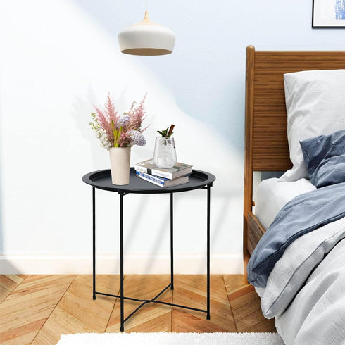 4 Garden you End Table Metal Side Table Black Round Folding Tray Cyan Sofa Small Accent Fold-able Table, Round End