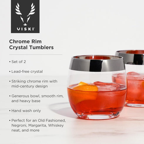 Viski Irving Chrome Rim Crystal Lowball Tumblers - Set of 2, 9 oz Gold Rimmed Cocktail Glass Gift Set