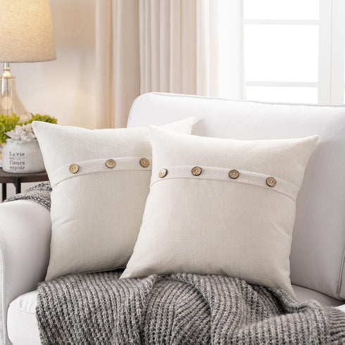 Meekio Set of 2 Ivory Square Pillow Covers, 16 x 16 Farmhouse Boho Covers with Coconut Buttons for Living Room Décor