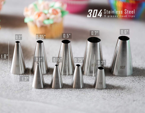 Round Piping Tip Set, 9 Stainless Steel Pastry Tips in Graduated Sizes with 20 Disposable Decorating Bags for Cupcakes,