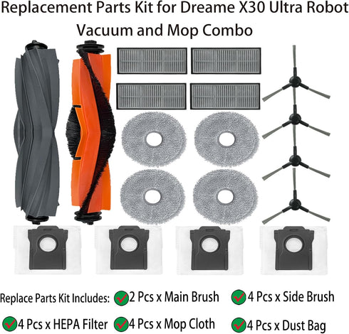 Replacement Parts for Dreame X30 Ultra / L10s Pro Ultra Robot Vacuum, 1 Main Brush, 1 Rubber Brush, 4 Side Brushes, 4
