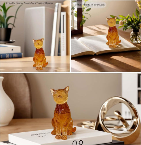 Amber Cat Figurines Statue Decor Cat Memoial Gifts for Cat Lovers Mom Women,Knick Knacks for Shelf, Bookshelf