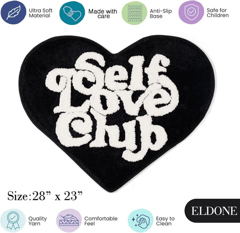 Self Love Club Heart Shaped Rug, Cute Non-Slip Bath Mat for Bedroom and Bathroom Decor, Black and White 27"x20"