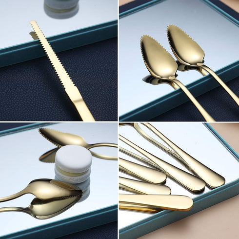 Gold Grapefruit Spoons Set, 3 Pieces with 2 Stainless Steel Spoons and 1 Knife, Serrated Edges (Gold)