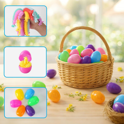 24 Pack Yunfan Prefilled Easter Eggs with Dinosaur Stretchy Strings Fidget Toys Stress Reliever Sensory Squeeze Toys