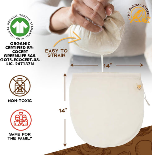 THE PARDAL STORE 14"x14" 100% XXL Nut Milk Bag - Organic Unbleached Cotton Easy To Clean Nut Milk Strainer/Cheesecloth