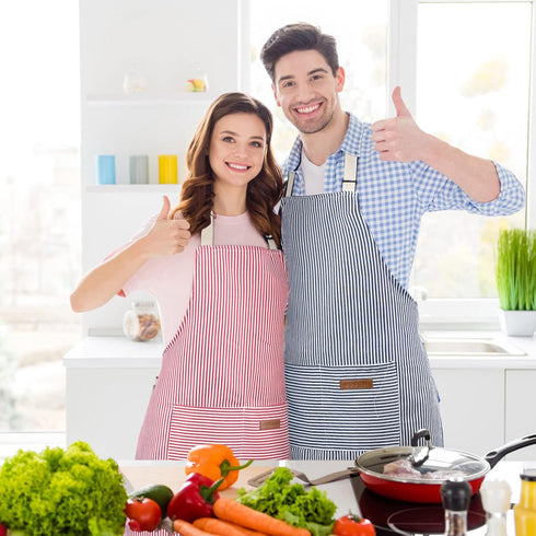 12 Handepo Pcs Cotton Aprons for Women Men with Pockets Soft Adjustable Bib Stripe Aprons for Cooking Kitchen Chef