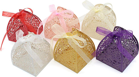 KPOSIYA Pack of 100 Laser Cut Rose Candy Boxes, Favor Boxes 2.5"x 2.5"x 3.1" for Bridal Shower, Anniversary, Birthday