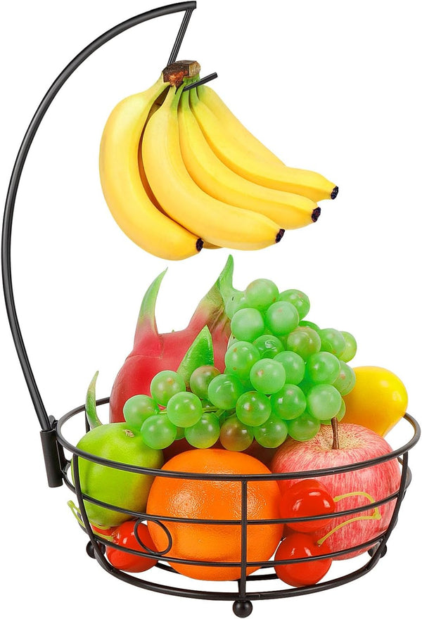 Countertop Fruit Basket Bowl with Banana Hanger, Modern Storage for Fruits and Vegetables, Round Metal, Black