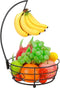 Countertop Fruit Basket Bowl with Banana Hanger, Modern Storage for Fruits and Vegetables, Round Metal, Black
