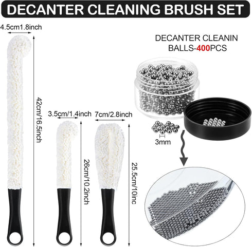 3 Pieces Decanter Cleaning Brush Flexible Bottle Scourer and 400 Pieces Reusable Decanter Cleaning Beads Household Cleaning Tools for Wine Decanters Goblets Glasses Cups (Black Handle) by Boao