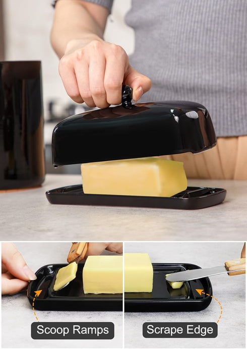 Nucookery Ceramic Butter Dish with Lid, Non-Slip Strip Design, Dishwasher Safe, Black