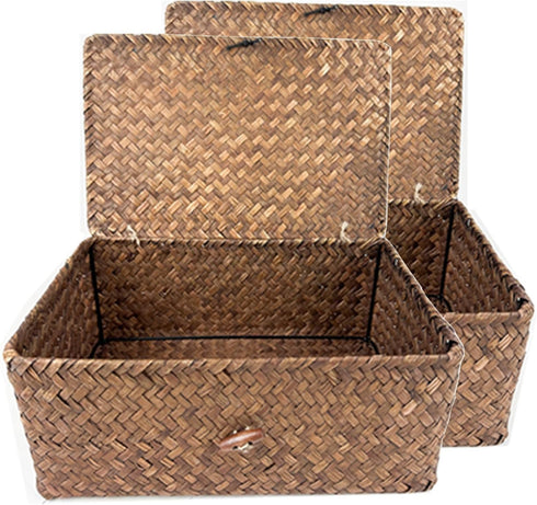 Wicker Storage Baskets with Lid, Set of 2 Handwoven Seagrass Organizer Bins for Shelves, Drawers, Closet