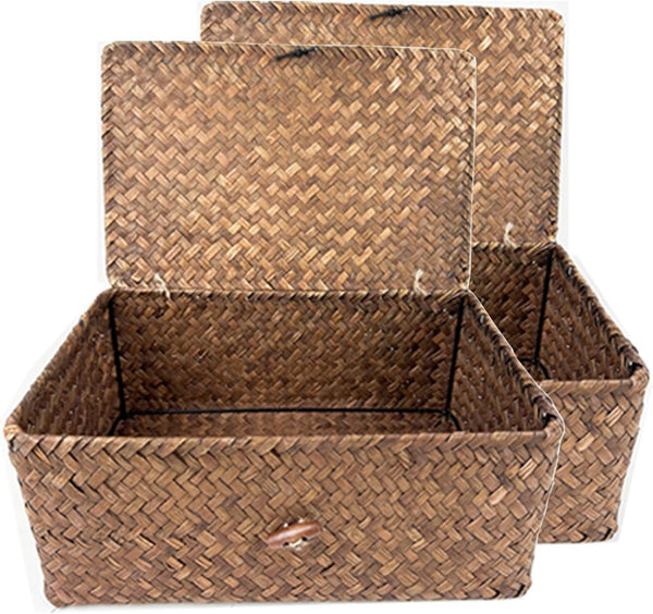 Wicker Storage Baskets with Lid, Set of 2 Handwoven Seagrass Organizer Bins for Shelves, Drawers, Closet