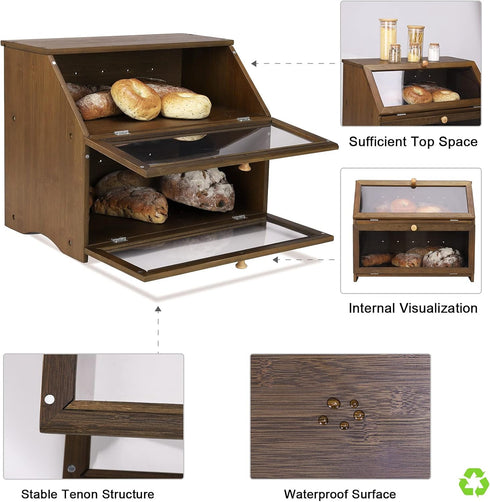 Counter, HOMEKOKO Double Layer Large Bread Box for Kitchen Wooden Large Capacity Bread Storage Bin (Brown)
