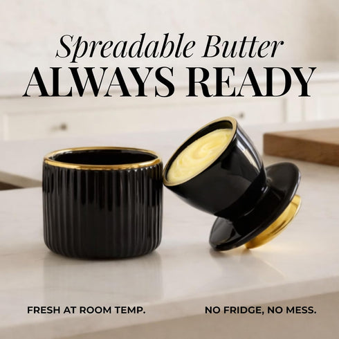 Countertop Counter Butter Crock with Lid for Black and Gold Ceramic French Butter Dish for Soft Butter, Airtight Water