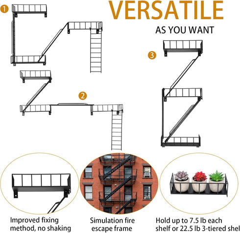 Zonon Display(Black,3 Fire Escape Wall Shelf Hanging Metal Ladder Shelves Wall Decor Cool Bookshelf Organizer Floating