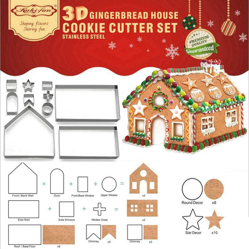 Sakolla Gingerbread House Cookie Cutter Set (Set of 10) - 3D Christmas Cookie Cutters with Gift Box