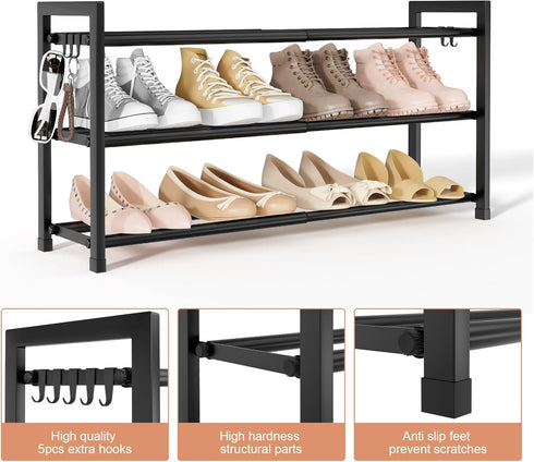 18"-33" Closet 12 3 5 LANTEFUL Adjustable Expandable Shoe Rack for Pairs Small Spaces Tier Shoe Organizer with Hooks