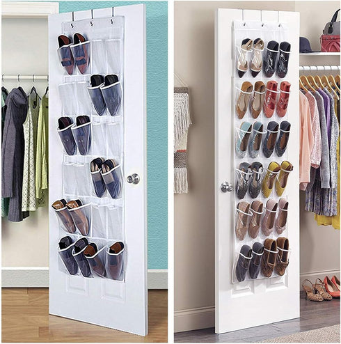 QUMENEY 24-Pocket Over-The-Door Shoe Organiser, Folding Hanging Organiser with Hooks, Heavy-Duty Hanging Mesh Holder