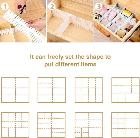 Adjustable Drawer Divider DIY Storage Organizer for Tidying Clutter in Kitchen, Bathroom, Bedroom, and Office