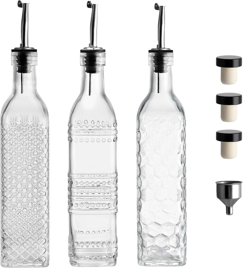 MDLUU Set, 17oz 3 3 1 Pack 3 Oil and Vinegar Dispenser Clear Glass Olive Oil Bottles, Kitchen Vinegar Decanters