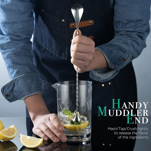 Homestia Bar Spoon Cocktail Mixing Stirrers - 12 Inches 304 Stainless Steel - Bottom Weighted Muddler Function, Silver