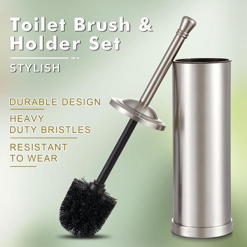Set,304 Brushed Nickel Toilet Brush and Holder Stainless Steel Toilet Bowl Brush and Holder for Bathroom,Silver Heavy