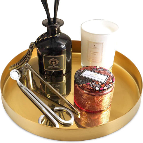 Jucoan 2 Pack 8 Inch Round Gold Tray, Decorative Small Vanity Tray for Bathroom Storage, Jewelry, Food, Candle