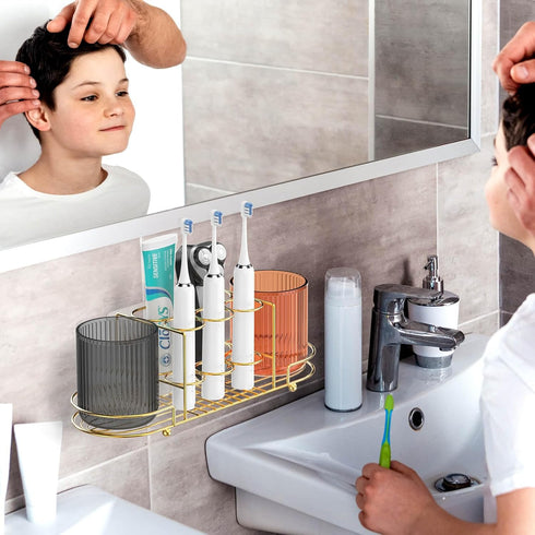 2 Toothbrush Holders with Cup - Wall Mount Electric Toothbrush Holder Gold Stainless Steel Electric Razor Holder