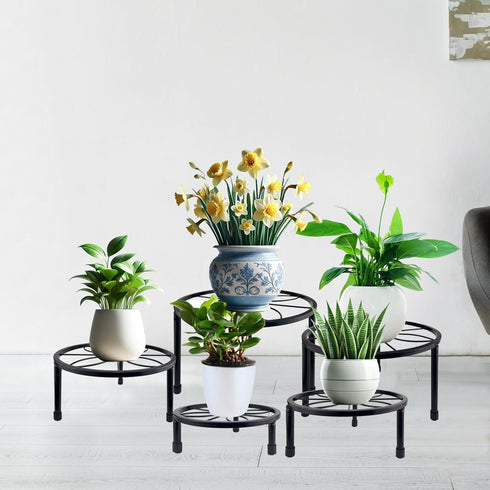 HENABLE 5 Packs Metal Plant Stand Indoor, Outdoor Black Plant Stand for Multiple Plant, Rustproof Iron Round Heavy Duty