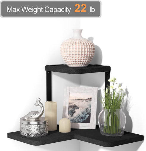 2-Tier SRIWATANA Rustic Corner Shelf Wall Mounted, Floating Wall Shelves for Bedroom, Living Room, Bathroom, Black
