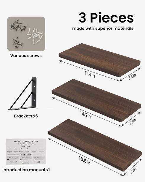 Brown,Set 3) BAYKA Floating Shelves for Wall, Book Shelf for Bedroom, Wall Decor Shelves for Living Room Kitchen, Wood
