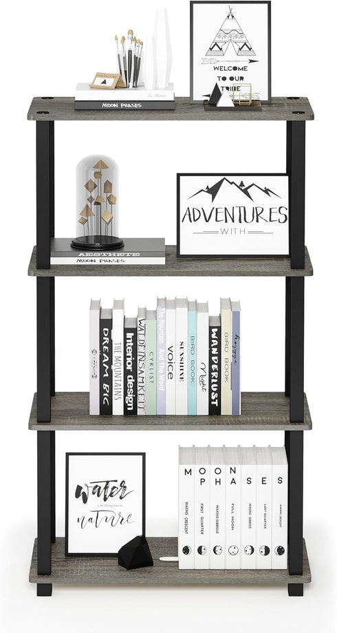 Furinno Turn-N-Tube 4-Tier Multipurpose Shelf Display Rack, French Oak Grey/Black Square Tube