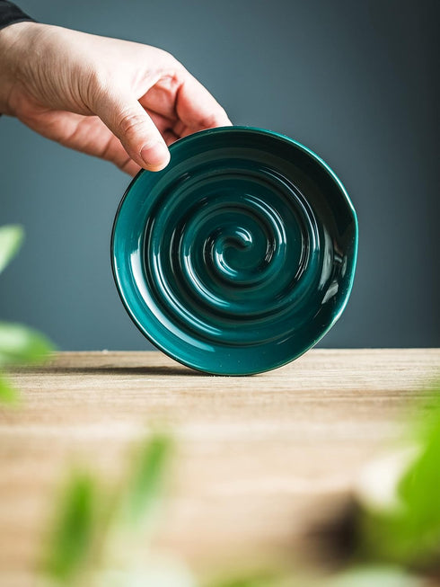Porcelain Spoon Rest with Drip Tray, Heat-Resistant Ceramic Holder for Multiple Utensils, Dark Green for Spoons and