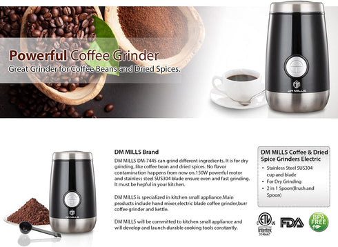 DR MILLS DM-7445 Electric Coffee Grinder, Spice and Herb Grinder, Blade & Cup Made with SUS304 Stainless Steel