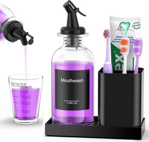 Bathroom Glass Mouthwash Dispenser with Cup,Black Toothbrush Holder Set Stainless Steel with