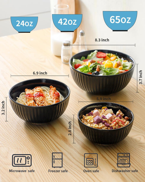 Hasense Mixing Bowls Set of 3, Large Ribbed Black Bowls 1.5/1/0.5 Qt for Kitchen, Cooking, Baking & Serving