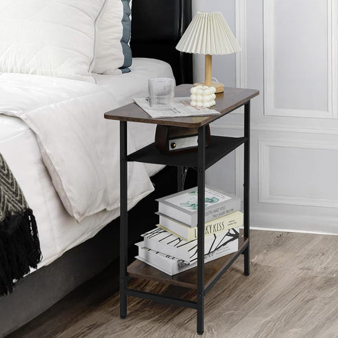 Tedheve 3-Tier Side Table for Living Room, Narrow End Table for Small Spaces with Wide Storage Tabletop,Rustic Brown