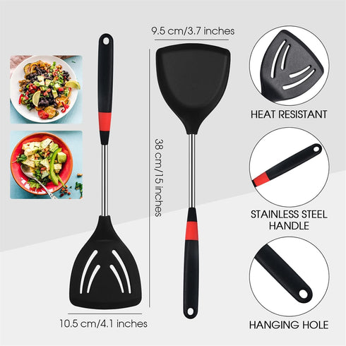 3 Pieces Silicone Stainless Steel Turner Spatula Set Includes Flexible Silicone Wok Spatula Slotted Spatula Skimmer Slotted Spoon for Nonstick Cookware Cooking Baking Supplies by Boao