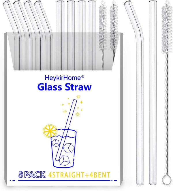 8-Pack Reusable Glass Straw, Size 8.5''x10 MM, 4 Straight and 4 Bent with 2 Cleaning Brush