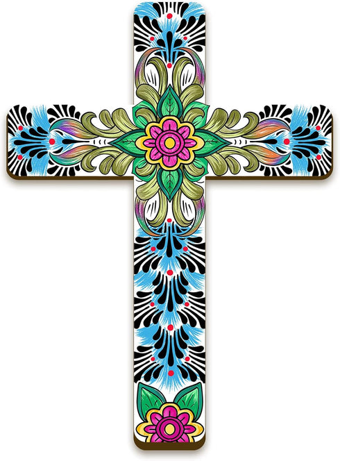 Floral Cross Wall Decor - Hand Painted Inspirational Wooden Cross, Mexican Art for Home Room Church Decoration