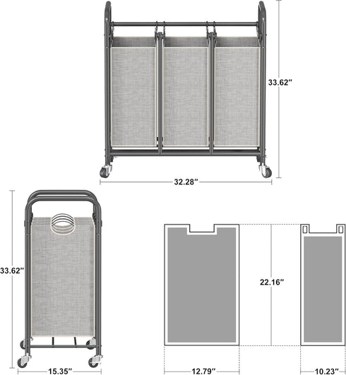 3-Bag HOMEIJU Laundry Sorter, Laundry Hamper Cart with Heavy Duty Rolling Lockable Wheels and Removable Bags, Laundry